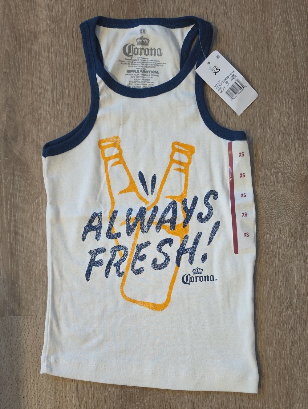 NWT Corona White Tank with Navy Trim & Yellow Bottle Graphic XS